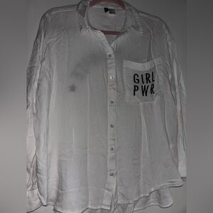 H&M White Button-Up Shirt with 'GIRL PWR' Pocket